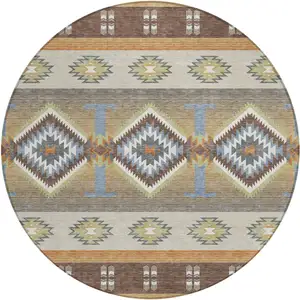Photo of 8' Chocolate And Copper Round Southwestern Washable Indoor Outdoor Area Rug