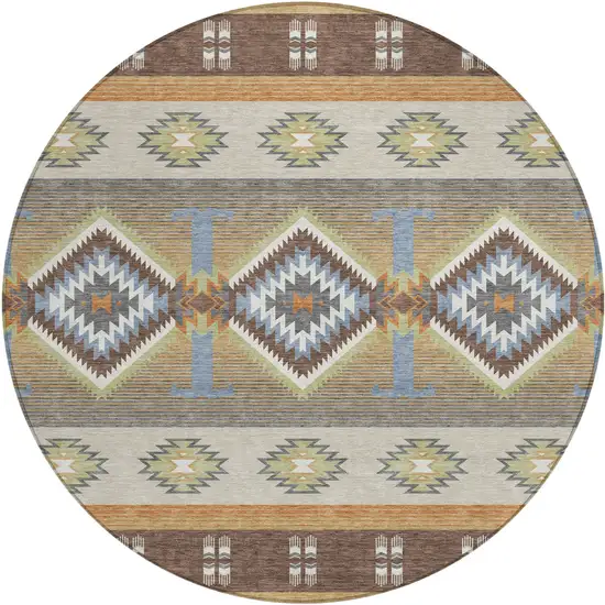 8' Chocolate And Copper Round Southwestern Washable Indoor Outdoor Area Rug Photo 1