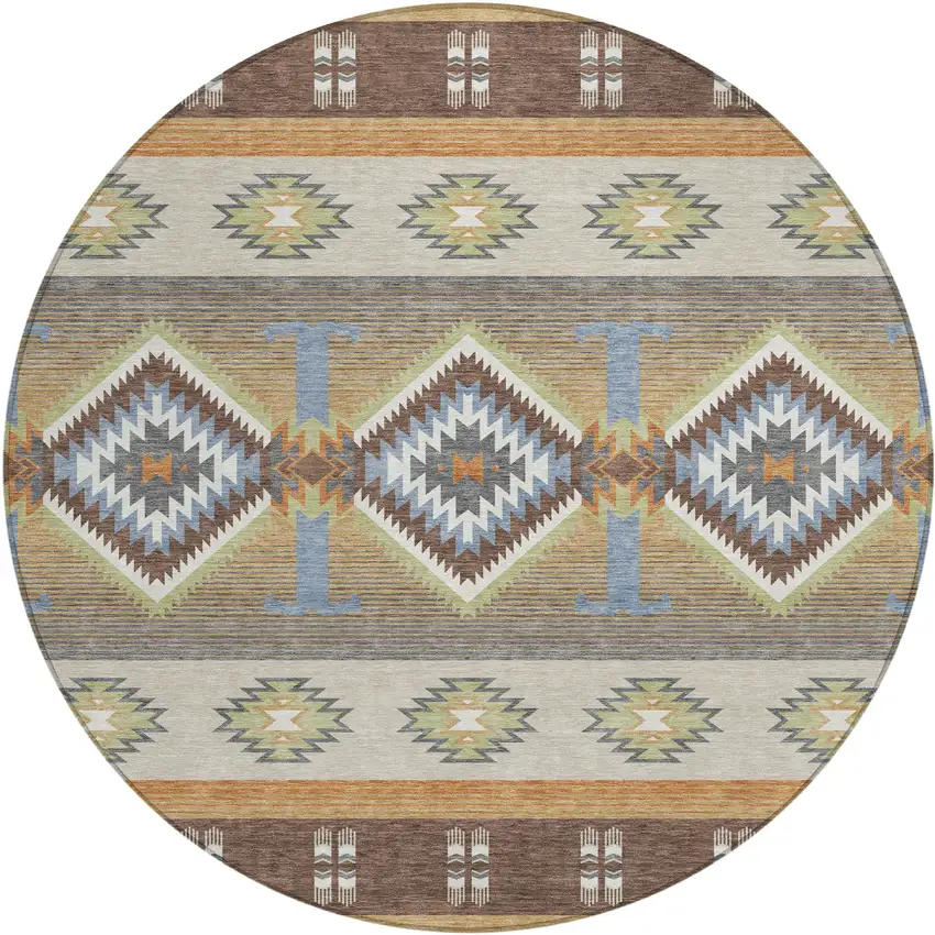 8' Chocolate And Copper Round Southwestern Washable Indoor Outdoor Area Rug Photo 1