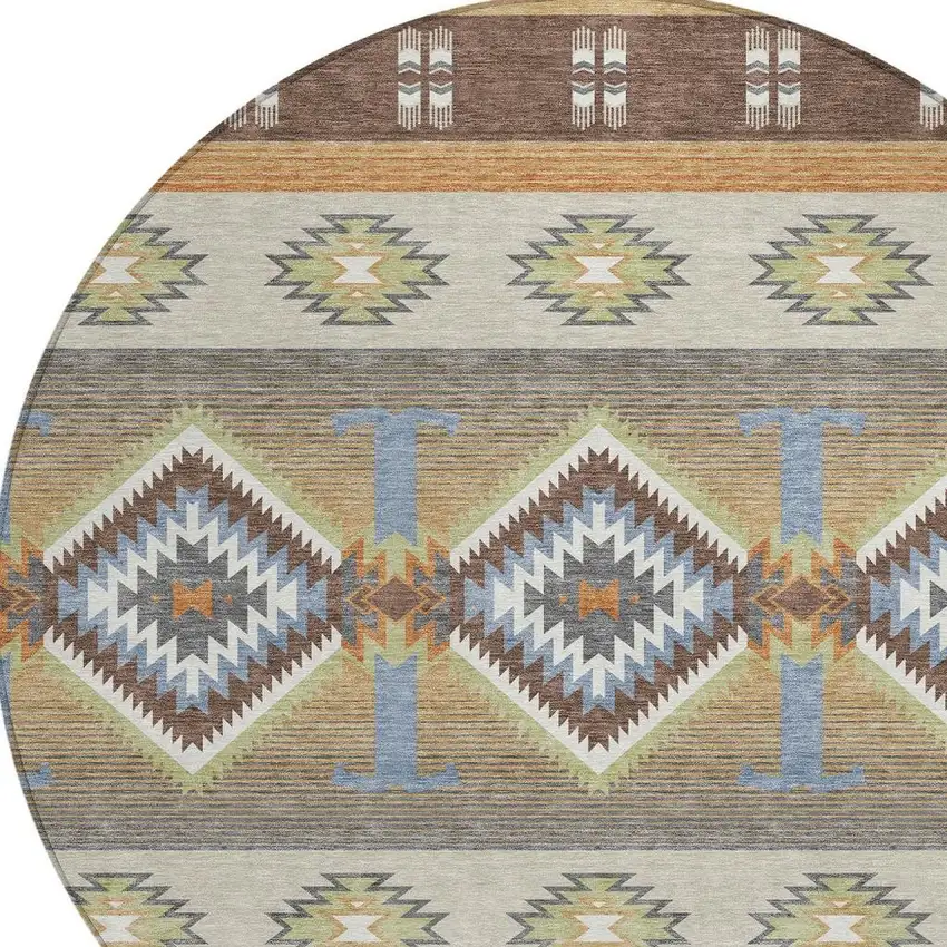 8' Chocolate And Copper Round Southwestern Washable Indoor Outdoor Area Rug Photo 2