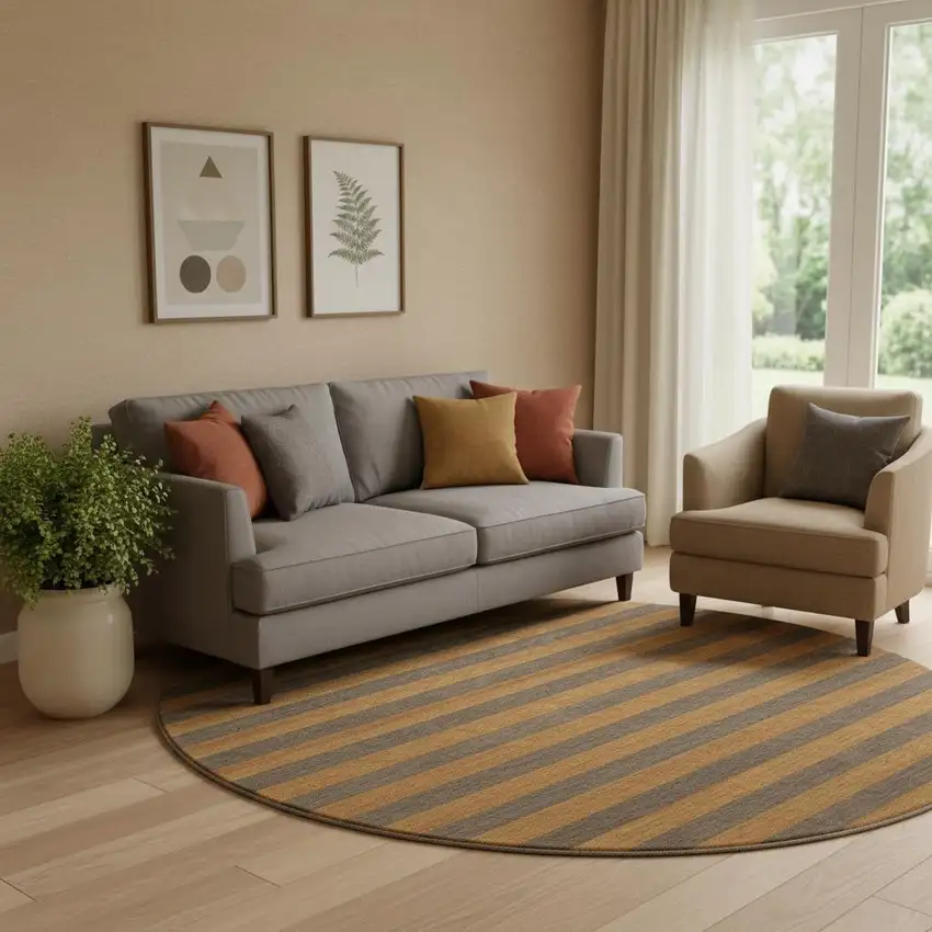 8' Chocolate And Copper Striped Washable Round Rug With UV Protection Photo 1