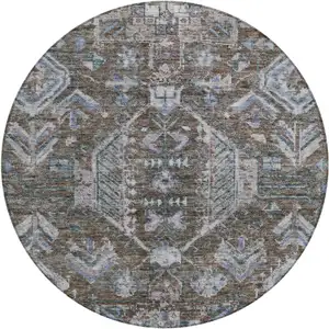 Photo of 8' Chocolate And Denim Blue Round Medallion Washable Indoor Outdoor Area Rug