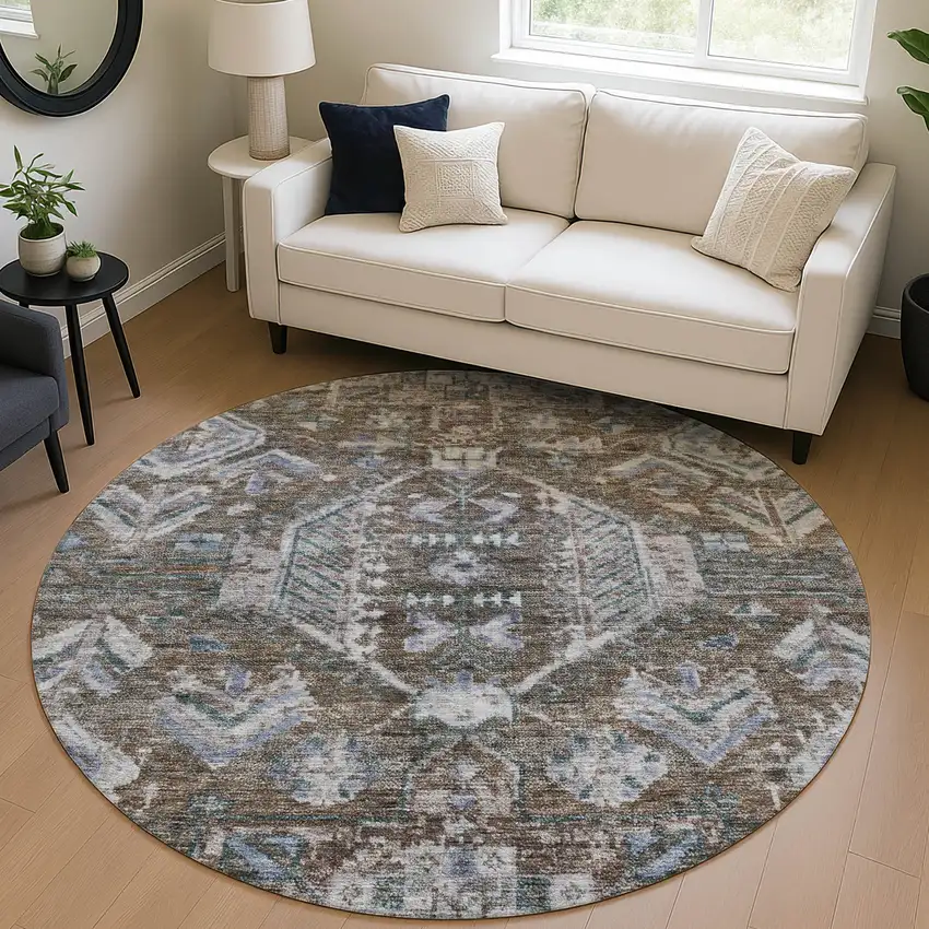 8' Chocolate And Denim Blue Round Medallion Washable Indoor Outdoor Area Rug Photo 5