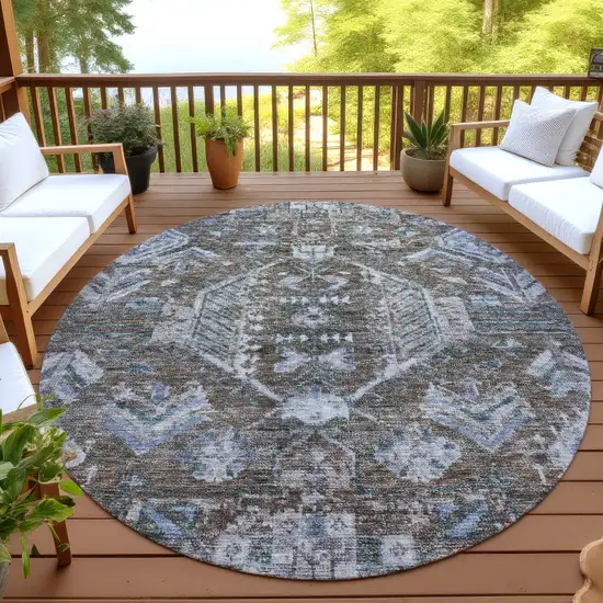 8' Chocolate And Denim Blue Round Medallion Washable Indoor Outdoor Area Rug Photo 4