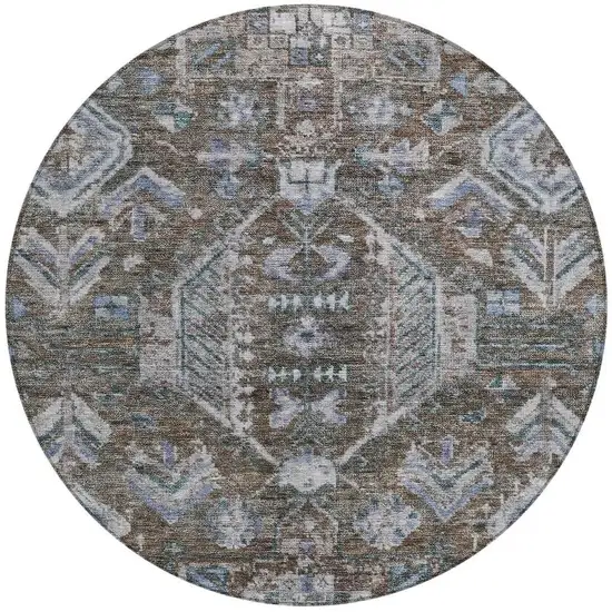 8' Chocolate And Denim Blue Round Medallion Washable Indoor Outdoor Area Rug Photo 3