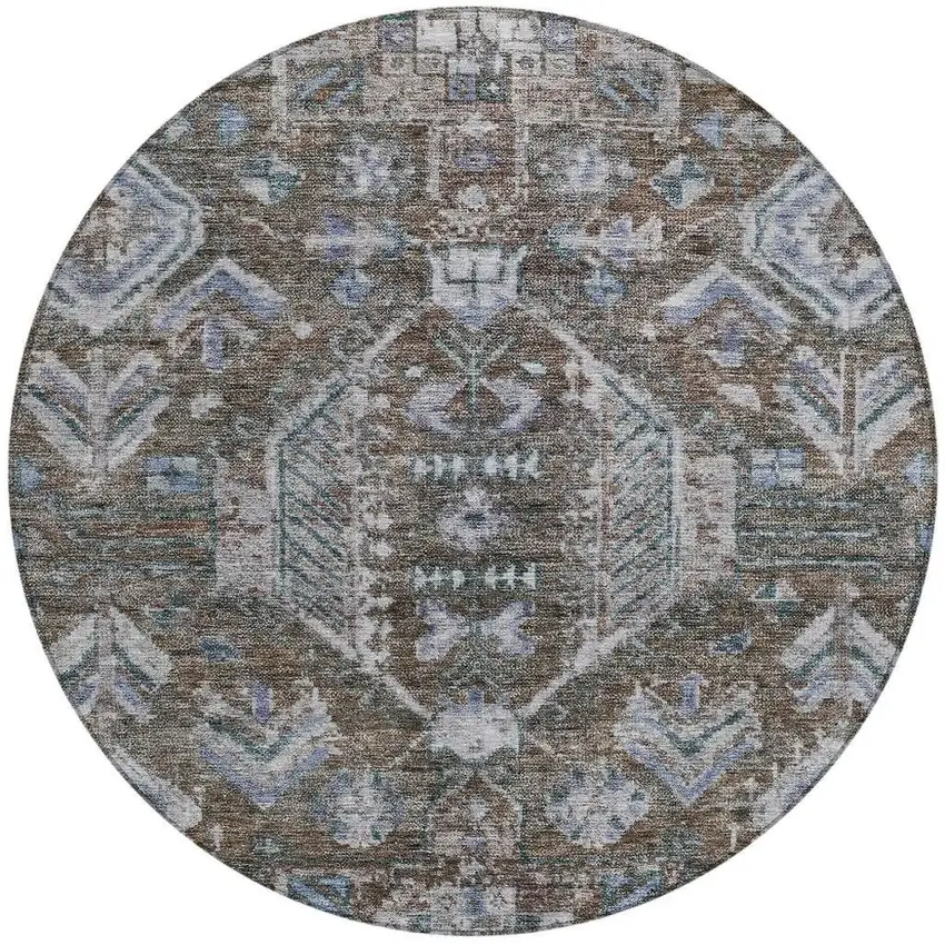 8' Chocolate And Denim Blue Round Medallion Washable Indoor Outdoor Area Rug Photo 3