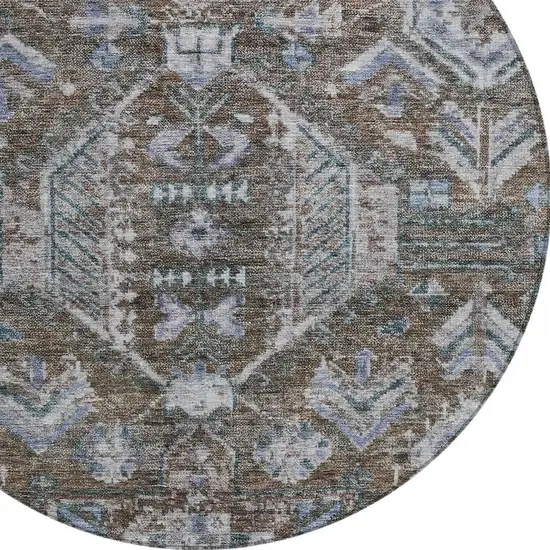 8' Chocolate And Denim Blue Round Medallion Washable Indoor Outdoor Area Rug Photo 2