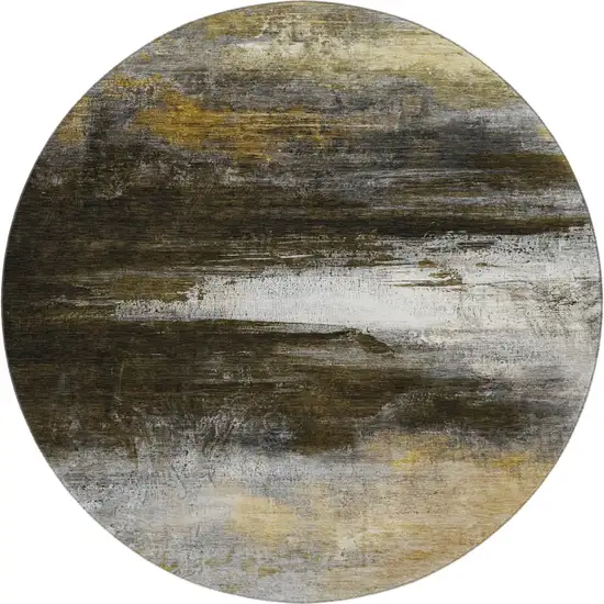 8' Chocolate And Gold Abstract Washable Round Rug With UV Protection Photo 1
