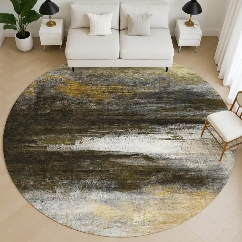 8' Chocolate And Gold Abstract Washable Round Rug With UV Protection Photo 4