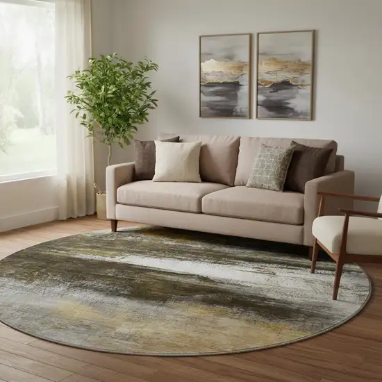 8' Chocolate And Gold Abstract Washable Round Rug With UV Protection Photo 2