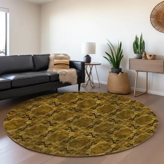 8' Chocolate And Gold Floral Medallion Washable Round Rug With UV Protection Photo 5