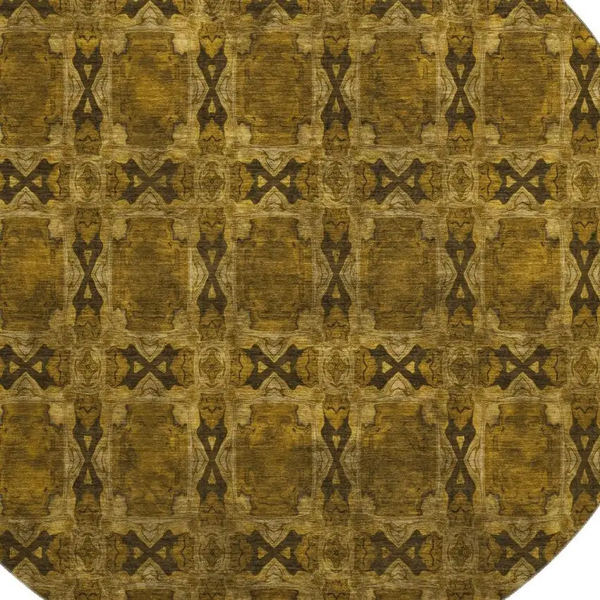 8' Chocolate And Gold Floral Medallion Washable Round Rug With UV Protection Photo 3