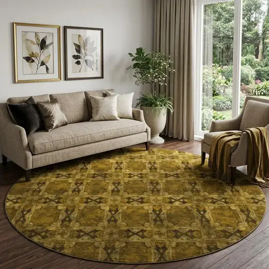 8' Chocolate And Gold Floral Medallion Washable Round Rug With UV Protection Photo 1