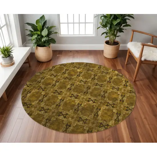 8' Chocolate And Gold Floral Medallion Washable Round Rug With UV Protection Photo 2