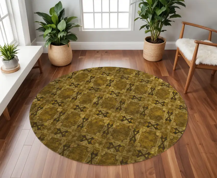 8' Chocolate And Gold Floral Medallion Washable Round Rug With UV Protection Photo 2