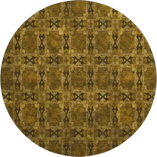 8' Chocolate And Gold Floral Medallion Washable Round Rug With UV Protection Photo 1