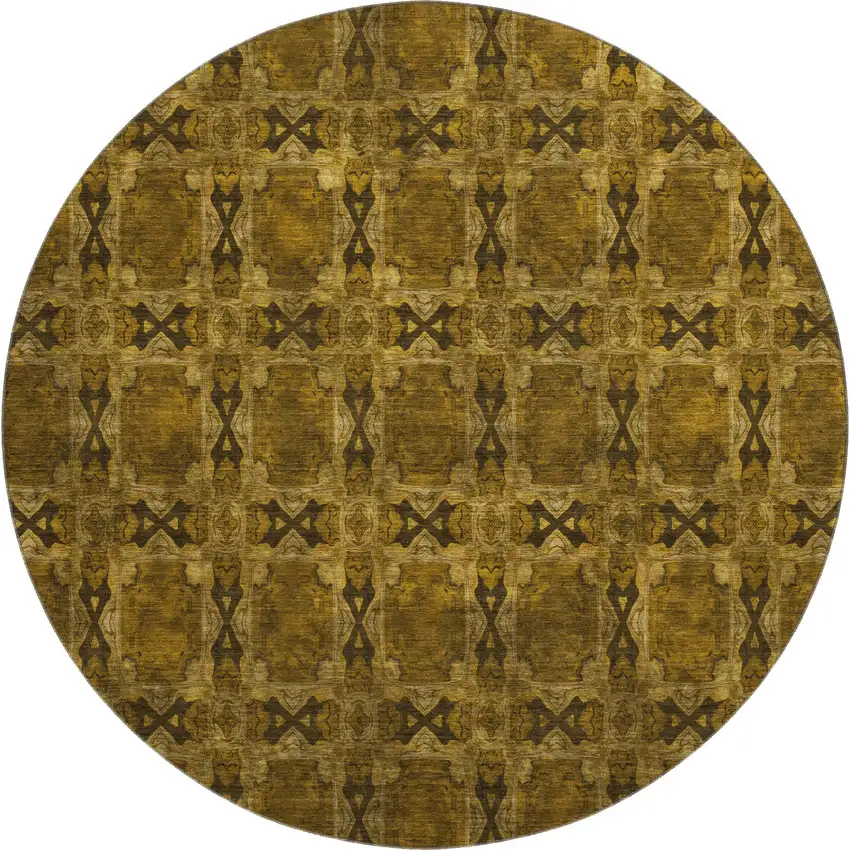 8' Chocolate And Gold Floral Medallion Washable Round Rug With UV Protection Photo 1