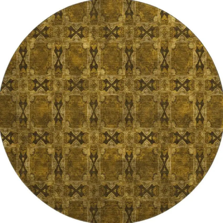 8' Chocolate And Gold Floral Medallion Washable Round Rug With UV Protection Photo 4
