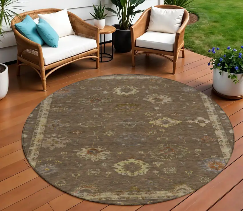 8' Chocolate And Gold Round Floral Washable Indoor Outdoor Area Rug Photo 2