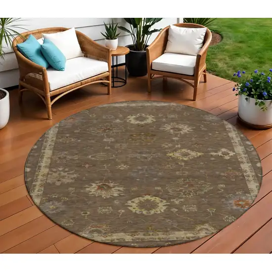 8' Chocolate And Gold Round Floral Washable Indoor Outdoor Area Rug Photo 2