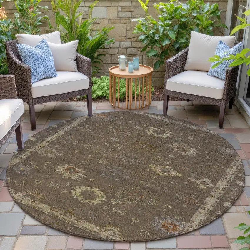 8' Chocolate And Gold Round Floral Washable Indoor Outdoor Area Rug Photo 6