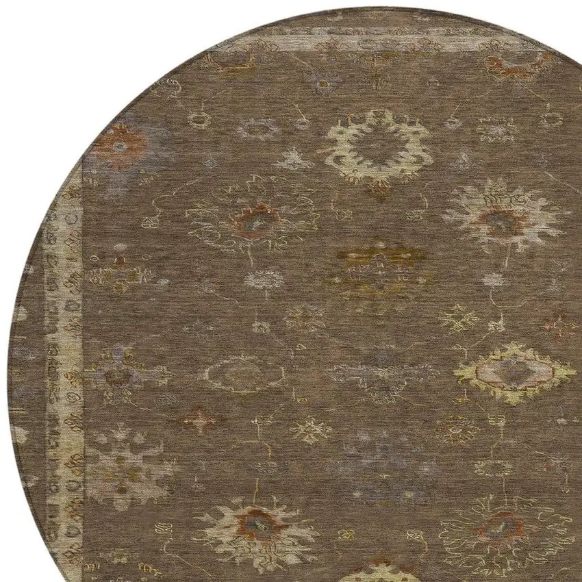 8' Chocolate And Gold Round Floral Washable Indoor Outdoor Area Rug Photo 4