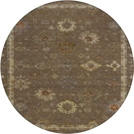 8' Chocolate And Gold Round Floral Washable Indoor Outdoor Area Rug Photo 1