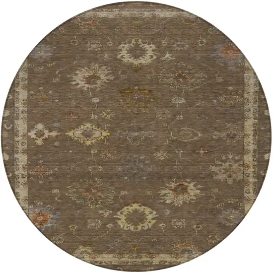 8' Chocolate And Gold Round Floral Washable Indoor Outdoor Area Rug Photo 3