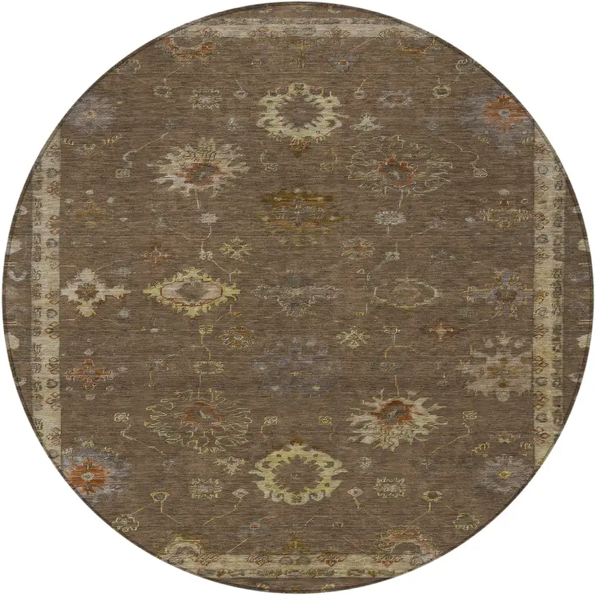 8' Chocolate And Gold Round Floral Washable Indoor Outdoor Area Rug Photo 3
