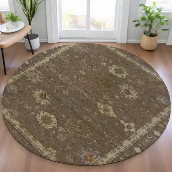 8' Chocolate And Gold Round Floral Washable Indoor Outdoor Area Rug Photo 5