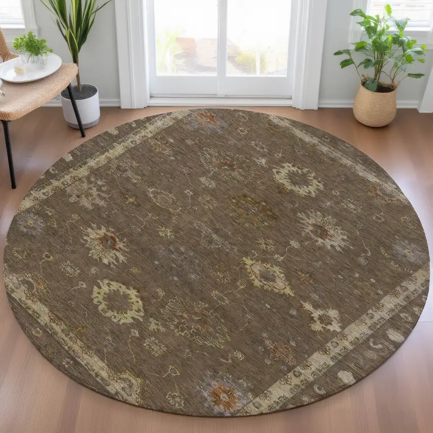 8' Chocolate And Gold Round Floral Washable Indoor Outdoor Area Rug Photo 5