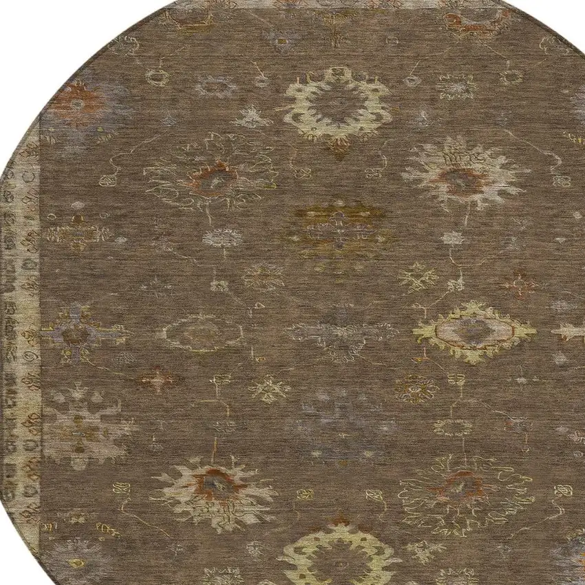 8' Chocolate And Gold Round Floral Washable Indoor Outdoor Area Rug Photo 8
