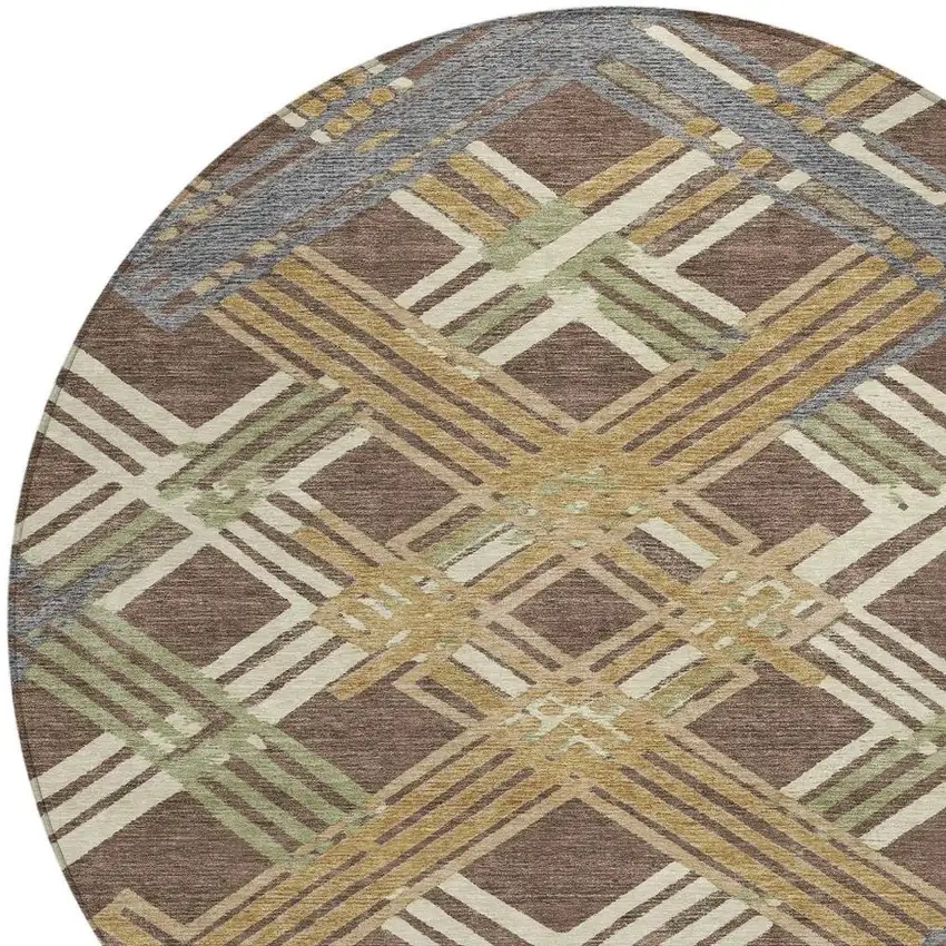 8' Chocolate And Gold Round Geometric Washable Indoor Outdoor Area Rug Photo 2