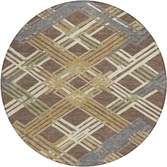 8' Chocolate And Gold Round Geometric Washable Indoor Outdoor Area Rug Photo 1