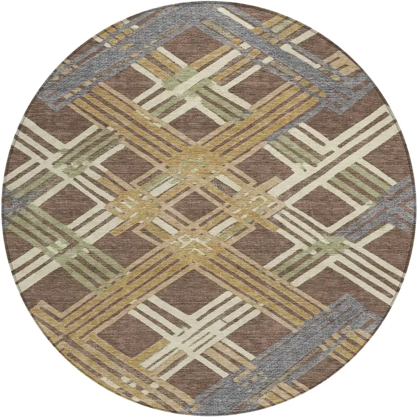 8' Chocolate And Gold Round Geometric Washable Indoor Outdoor Area Rug Photo 1
