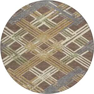 Photo of 8' Chocolate And Gold Round Geometric Washable Indoor Outdoor Area Rug