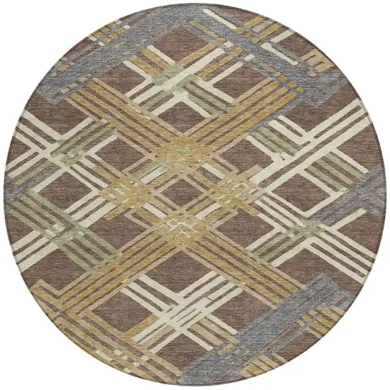 8' Chocolate And Gold Round Geometric Washable Indoor Outdoor Area Rug Photo 3