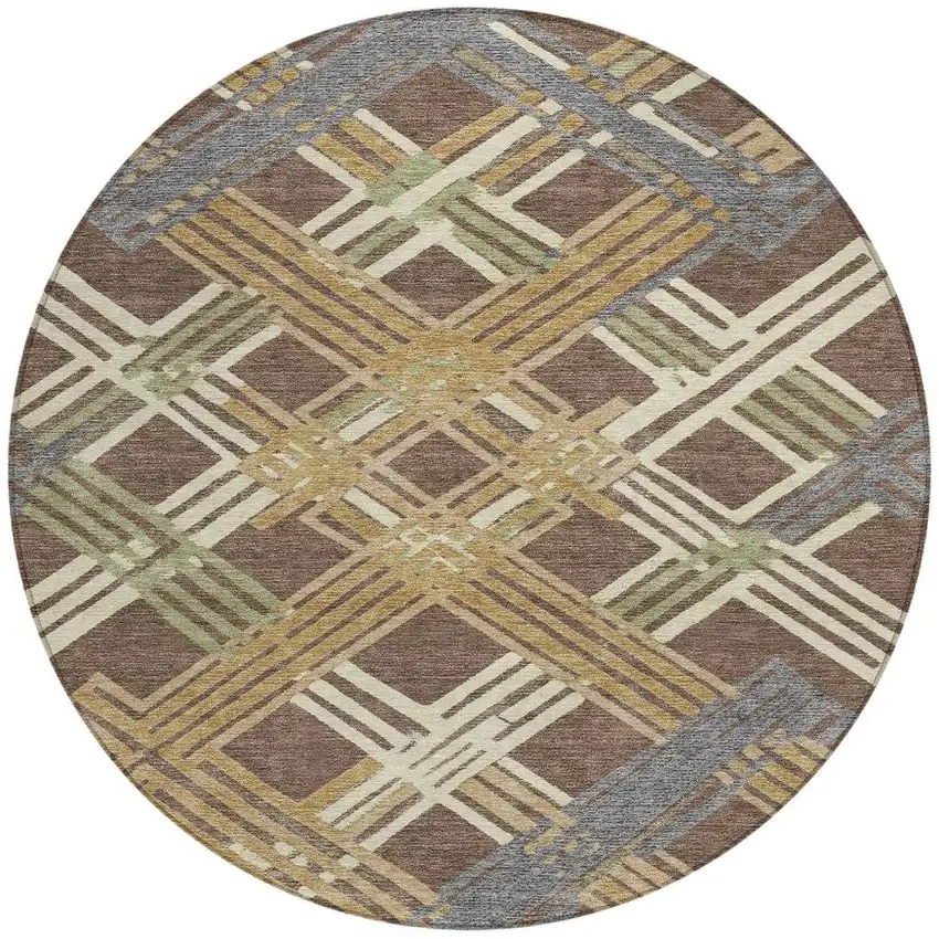 8' Chocolate And Gold Round Geometric Washable Indoor Outdoor Area Rug Photo 3