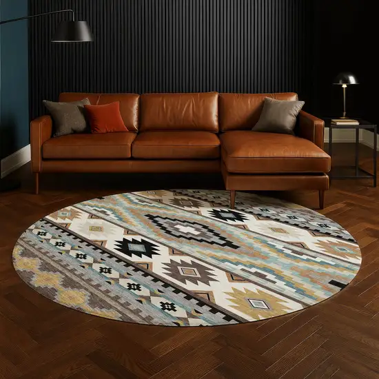 8' Chocolate And Gold Round Southwestern Washable Indoor Outdoor Area Rug Photo 5