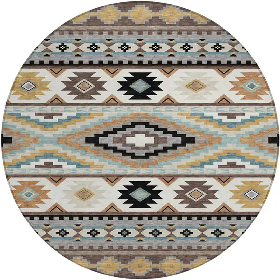 8' Chocolate And Gold Round Southwestern Washable Indoor Outdoor Area Rug Photo 6