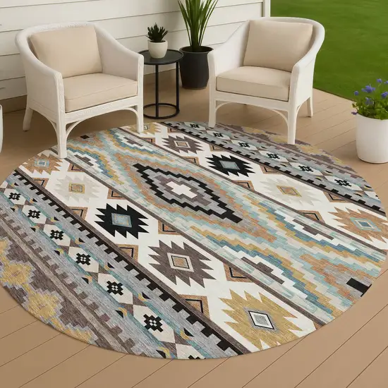 8' Chocolate And Gold Round Southwestern Washable Indoor Outdoor Area Rug Photo 4