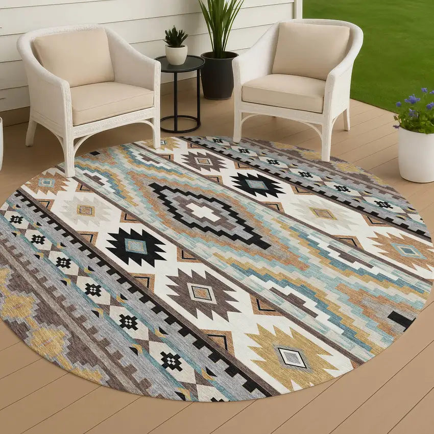 8' Chocolate And Gold Round Southwestern Washable Indoor Outdoor Area Rug Photo 4