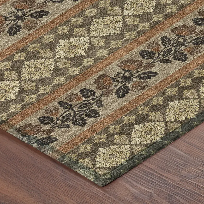 8' Chocolate And Gold Round Striped Washable Indoor Outdoor Area Rug Photo 6