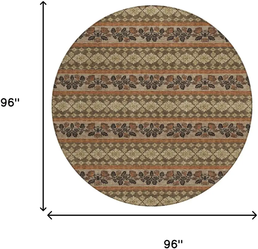 8' Chocolate And Gold Round Striped Washable Indoor Outdoor Area Rug Photo 8