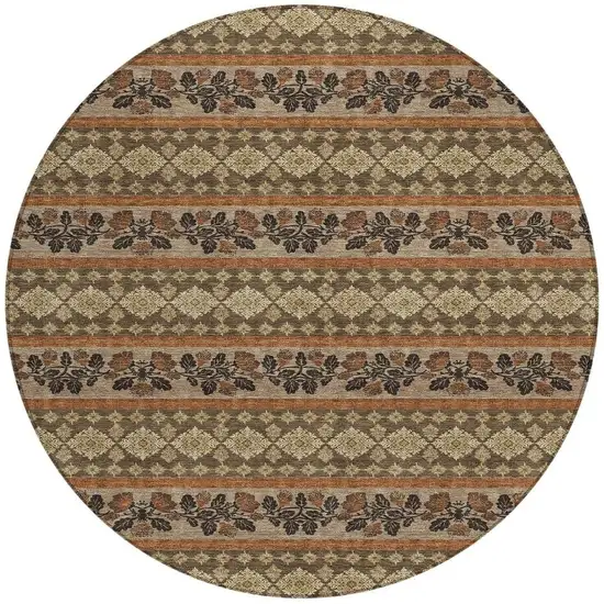 8' Chocolate And Gold Round Striped Washable Indoor Outdoor Area Rug Photo 3