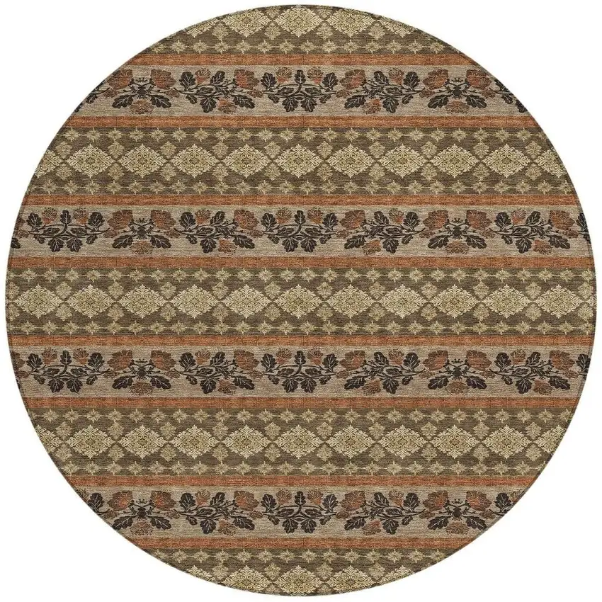 8' Chocolate And Gold Round Striped Washable Indoor Outdoor Area Rug Photo 3