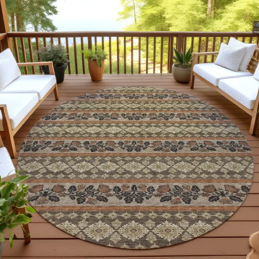 8' Chocolate And Gold Round Striped Washable Indoor Outdoor Area Rug Photo 4