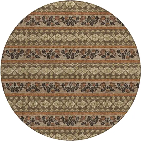 8' Chocolate And Gold Round Striped Washable Indoor Outdoor Area Rug Photo 1