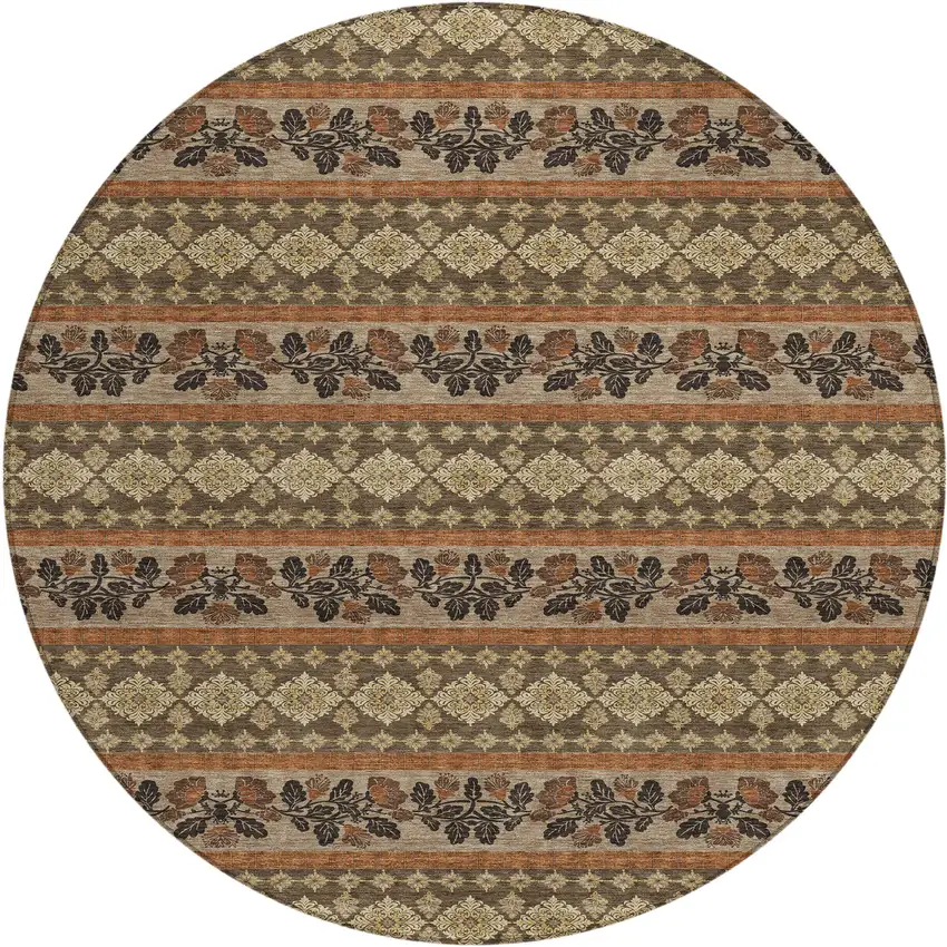 8' Chocolate And Gold Round Striped Washable Indoor Outdoor Area Rug Photo 1