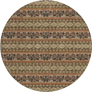 Photo of 8' Chocolate And Gold Round Striped Washable Indoor Outdoor Area Rug